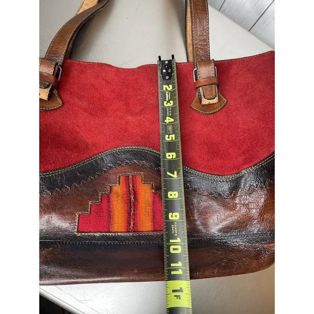 Vintage Red Suede and Brown Leather Trim Tote Bag Southwest Western